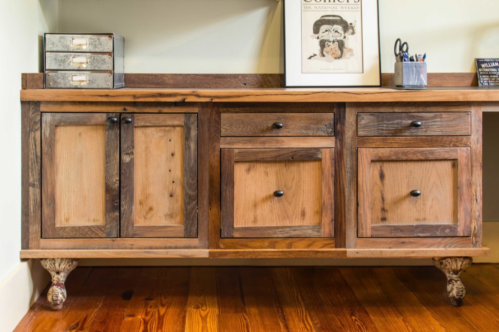 Reclaimed skip-planed oak cabinets by Hawkeye Carpentry. Reclaimed skip-planed oak cabinets by Hawkeye Carpentry.