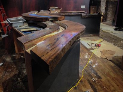 Installation Of Salvaged Live Oak Bartop At Apollinaire Theatre