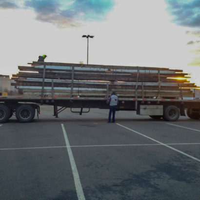 Loading Antique Heart Pine Beams at The Fore River Shipyard in Quincy, MA