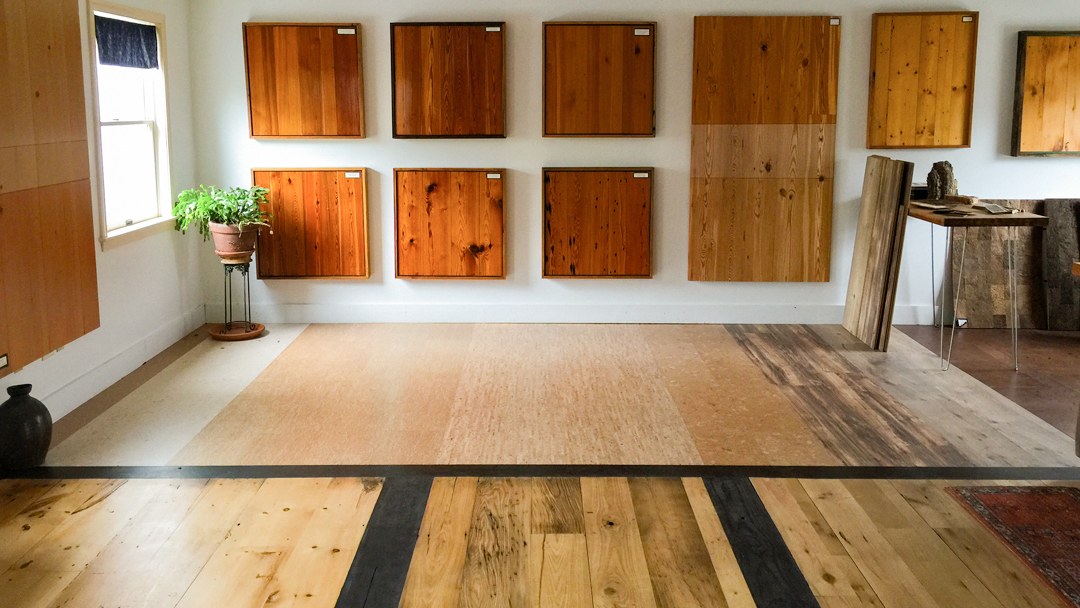 Reclaimed Wood & Cork Flooring in Longleaf Lumber Cambridge Showroom