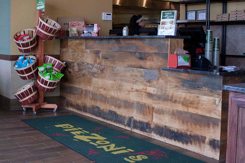 PieZoni's Restaurant Reclaimed Skip-Planed Mixed Hardwoods Paneling in Franklin, MA. Finished with Water-Based PieZoni's Restaurant Reclaimed Skip-Planed Mixed Hardwoods Paneling in Franklin, MA. Finished with Water-Based