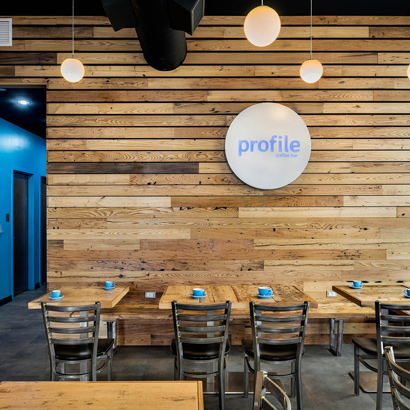 Reclaimed Chestnut Paneling and Spruce Tables - Profile Coffee Bar, Portsmouth, NH