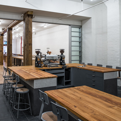 Reclaimed Heart Pine Counters in Coffee Tasting Room