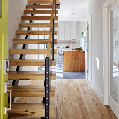 Reclaimed Hickory Treads and Flooring. Oak Waterfall Counter.
