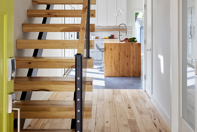 Reclaimed Hickory Flooring and Treads with Oak Counter