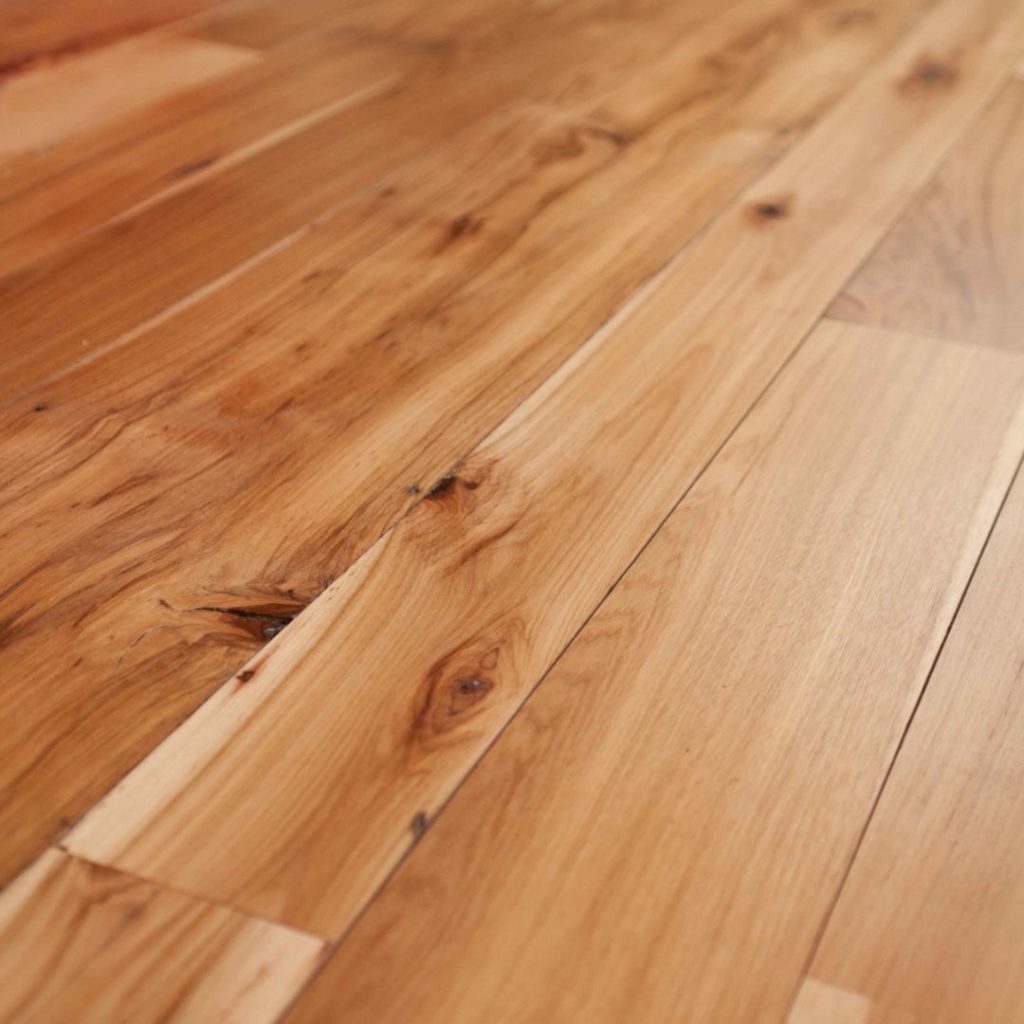 Reclaimed hickory flooring with a water-based polyurethane finish. Reclaimed hickory flooring with a water-based polyurethane finish.