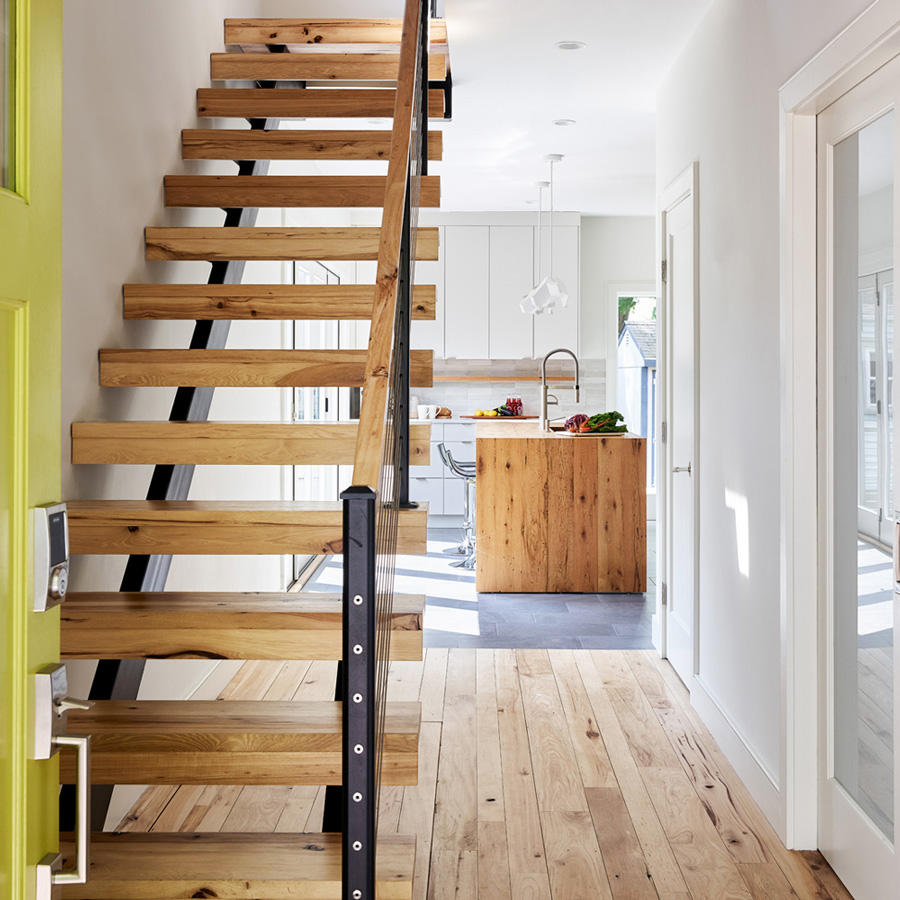 Reclaimed Hickory Flooring and Treads with Oak Counter Reclaimed Hickory Flooring and Treads with Oak Counter