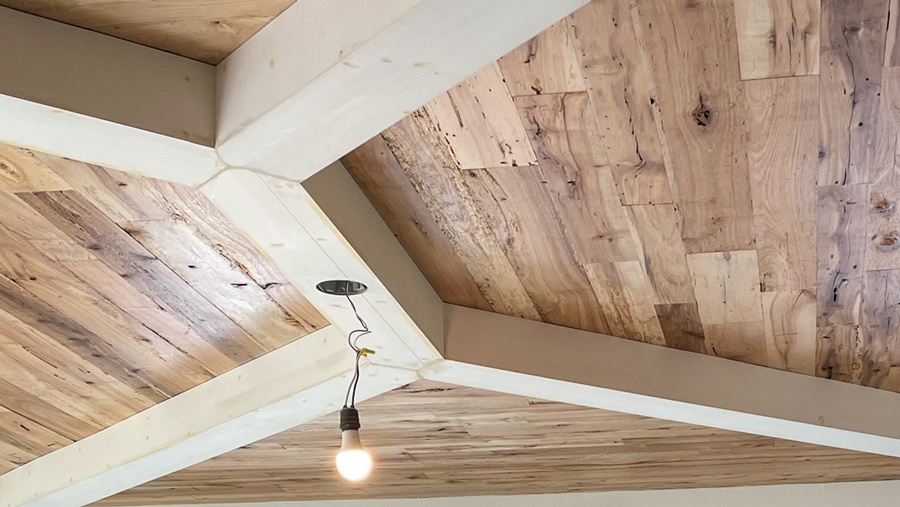 Reclaimed Hickory & Maple Paneling - Ceiling In Process - Unfinishedreclaimed-maple-hickory-paneling-ceiling-home-H Reclaimed Hickory & Maple Paneling - Ceiling In Process - Unfinished