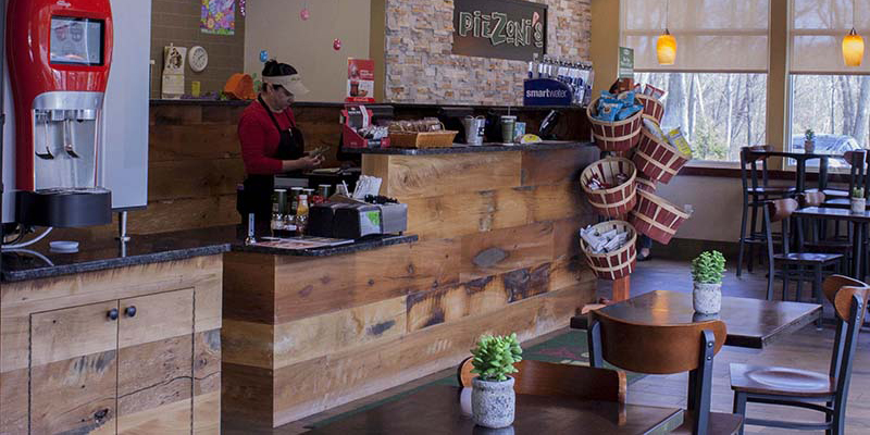 Restaurant Reclaimed Skip-Planed Mixed Hardwoods Paneling in Smithfield, RI. Finished with Water-Based Polyurethane. Restaurant Reclaimed Skip-Planed Mixed Hardwoods Paneling in Smithfield, RI. Finished with Water-Based Polyurethane.