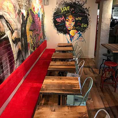 Reclaimed Skip-Planed Spruce Tables and Oak Flooring - Boston