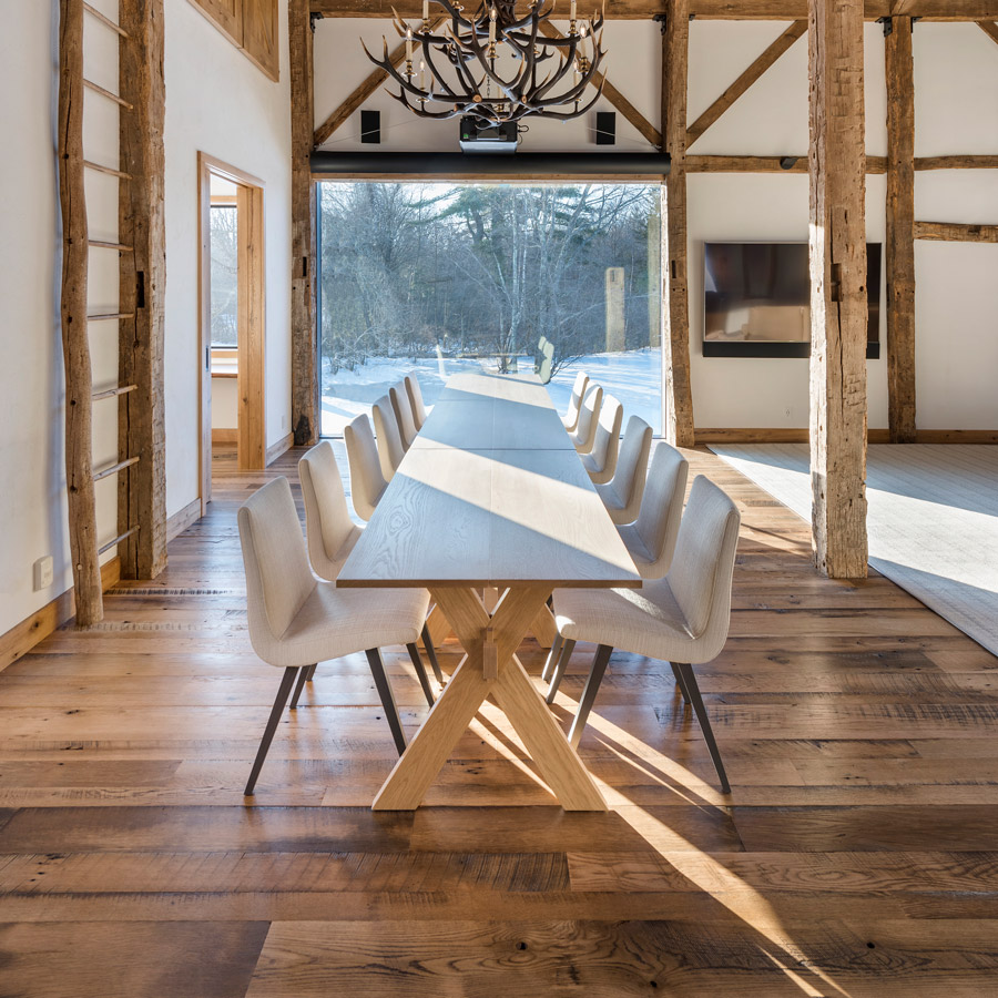 Reclaimed skip-planed oak flooring in home