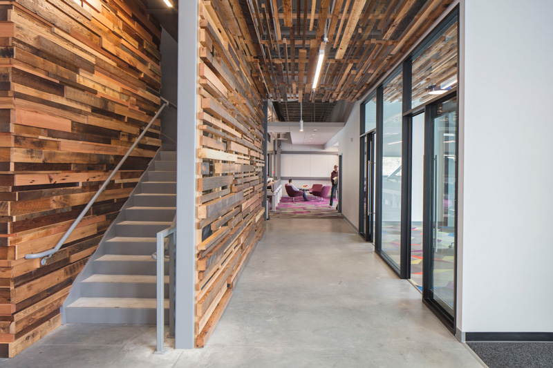 Reclaimed Wood Paneling on Walls and Ceilings in Workspace Reclaimed Wood Paneling on Walls and Ceilings in Workspace