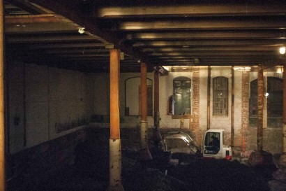 Reclaimed Heart Pine Joists in Jordan Marsh Stables on Harrison Ave. in Boston, Massachusetts.