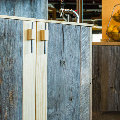 Salvaged Barn Board Cabinets ~ Venture Café at Cambridge Innovation Center, Kendall Square, Massachusetts