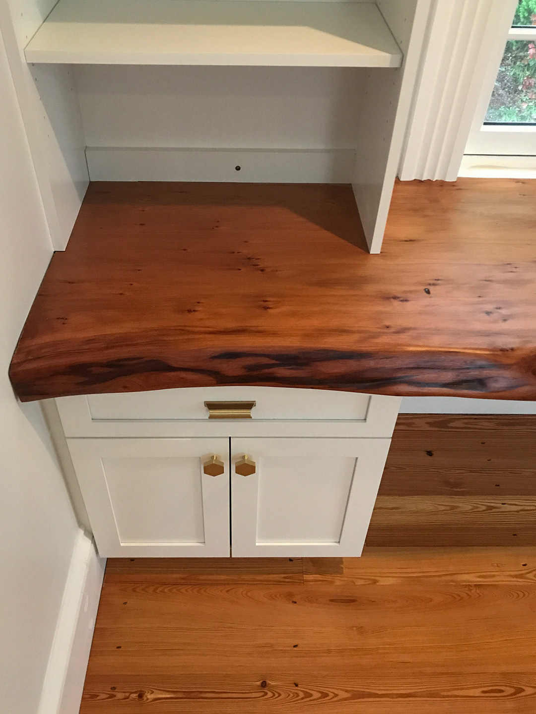 Salvaged Redwood Slab Desk And Reclaimed Heart Pine Flooring In Home Office Salvaged Redwood Slab Desk And Reclaimed Heart Pine Flooring In Home Office
