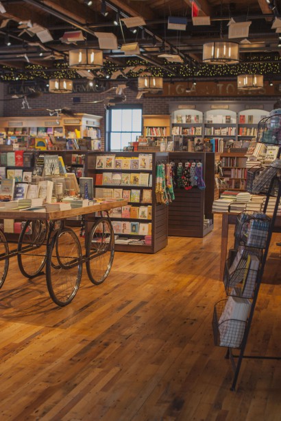 Reclaimed maple flooring at An Unlikely Story bookstore