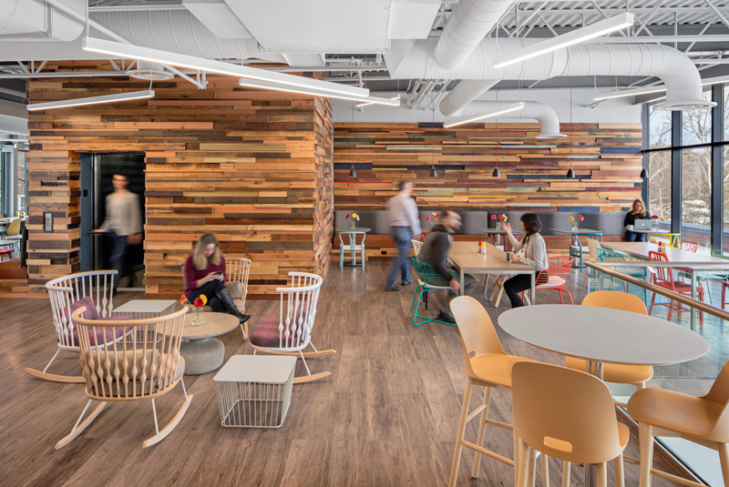 Reclaimed Wood Paneling on Walls and Ceilings in Workspace Reclaimed Wood Paneling on Walls and Ceilings in Workspace